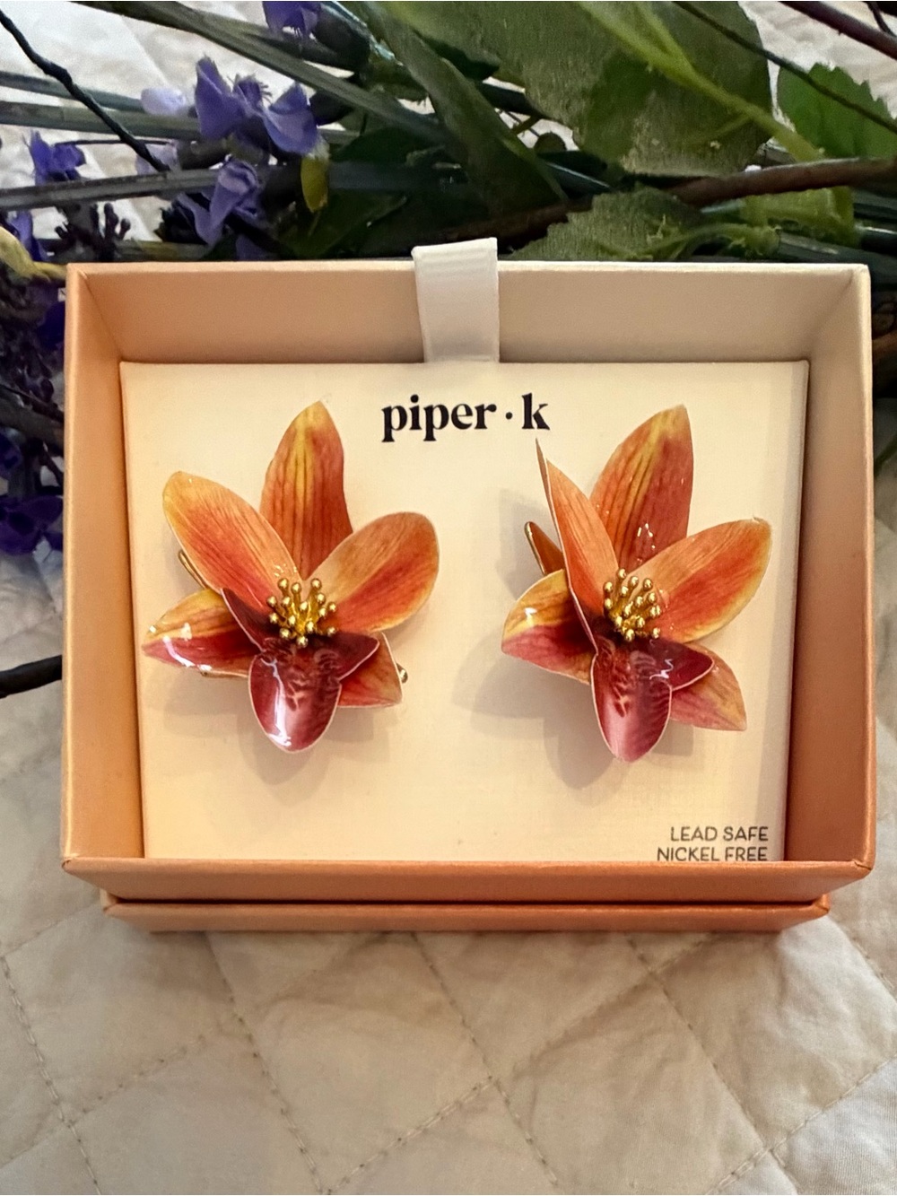 Piper Kids Floral Clip-On Hair Clips - Orange, Pink
